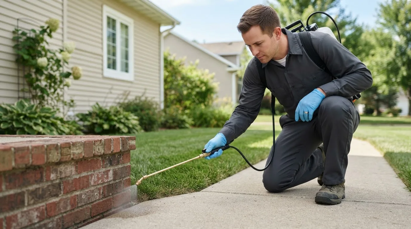 Pest control technician treating a home near Albertson, NY